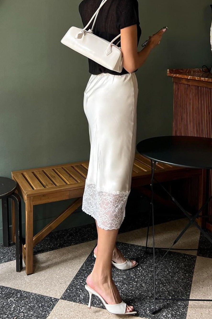 Satin Lace-Trim Bodycon Skirt