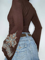 Vintage Print V-Neck Long-Sleeve Top