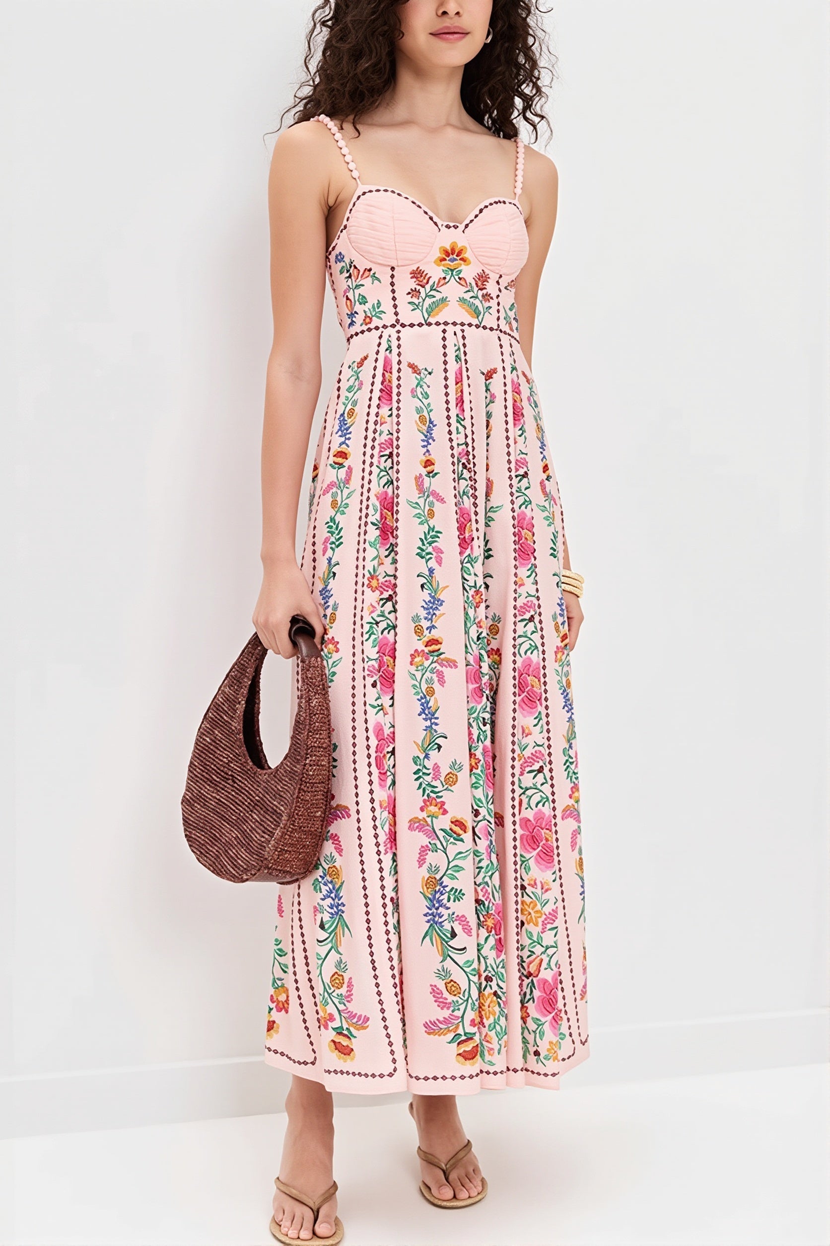 Floral Linen Spaghetti-Strap Boho Dress