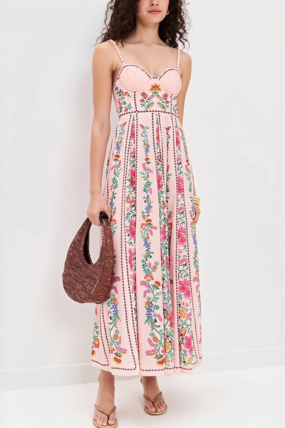 Floral Linen Spaghetti-Strap Boho Dress