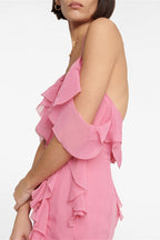 Deep-V Halter Ruffle Maxi Dress