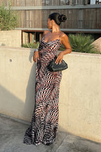 Sheer Mesh Cowl-Neck Slip Maxi Dress
