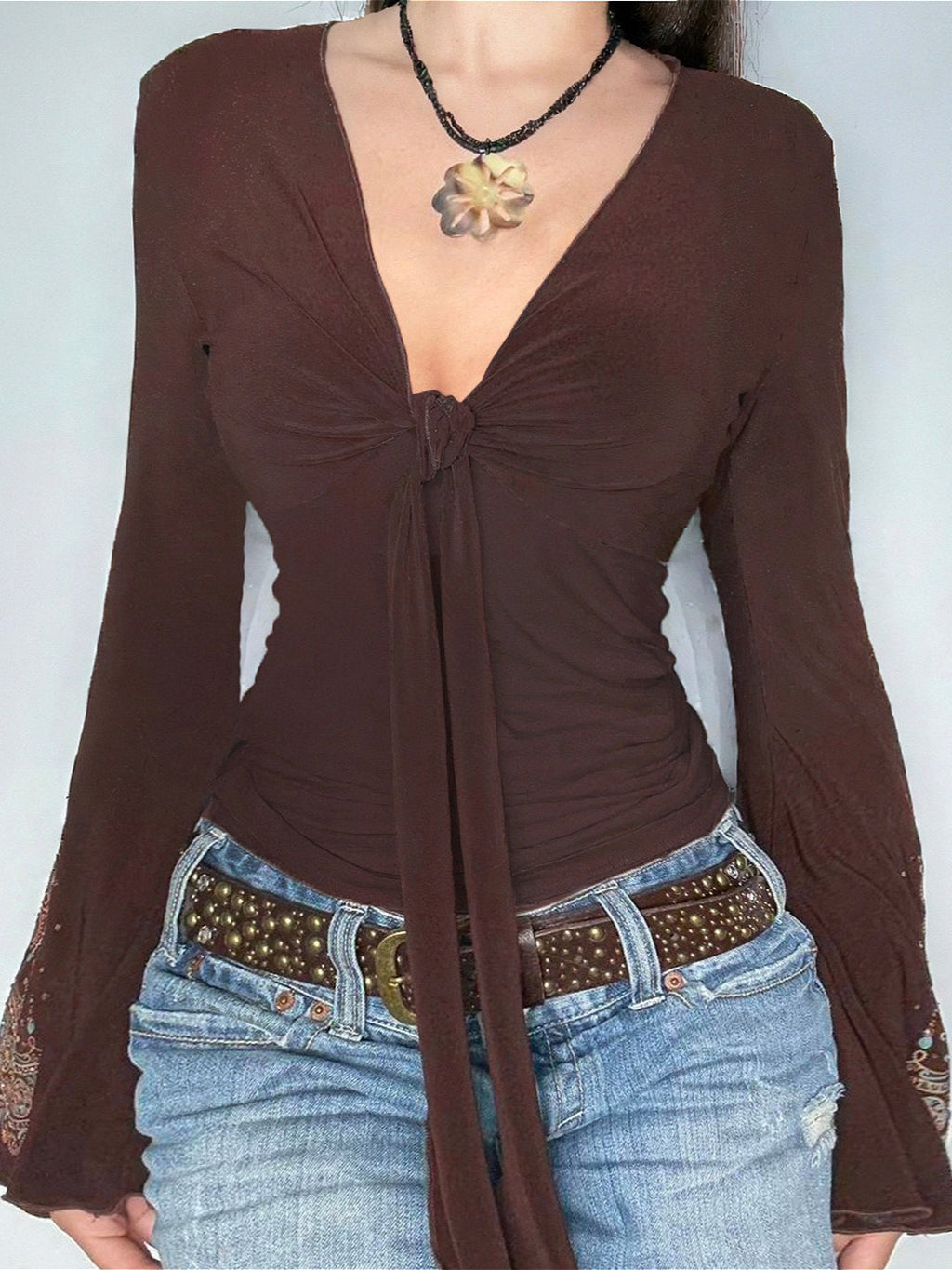 Vintage Print V-Neck Long-Sleeve Top