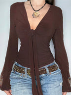 Vintage Print V-Neck Long-Sleeve Top