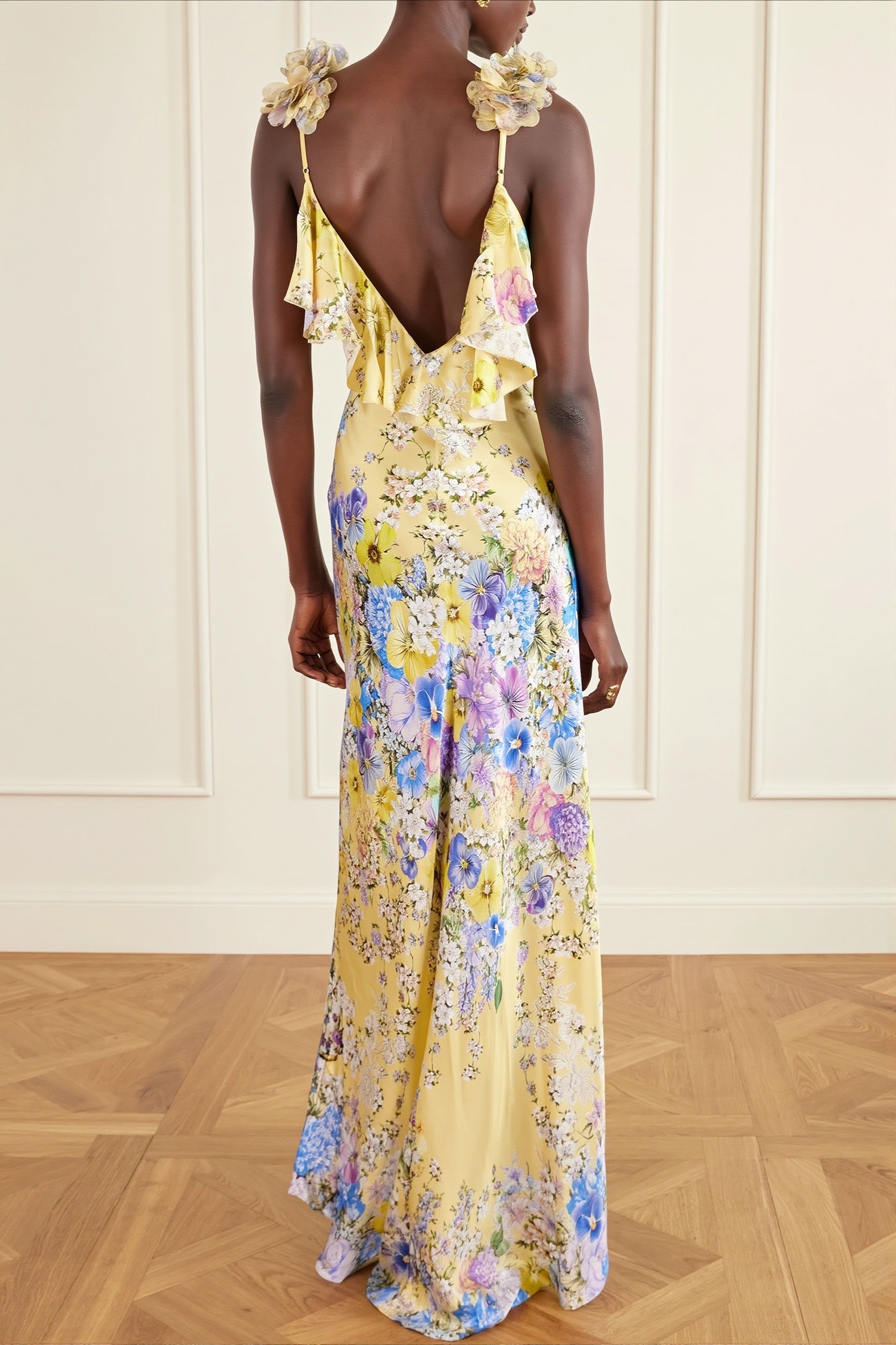 Floral Ruffle-Strap Backless Maxi Dress