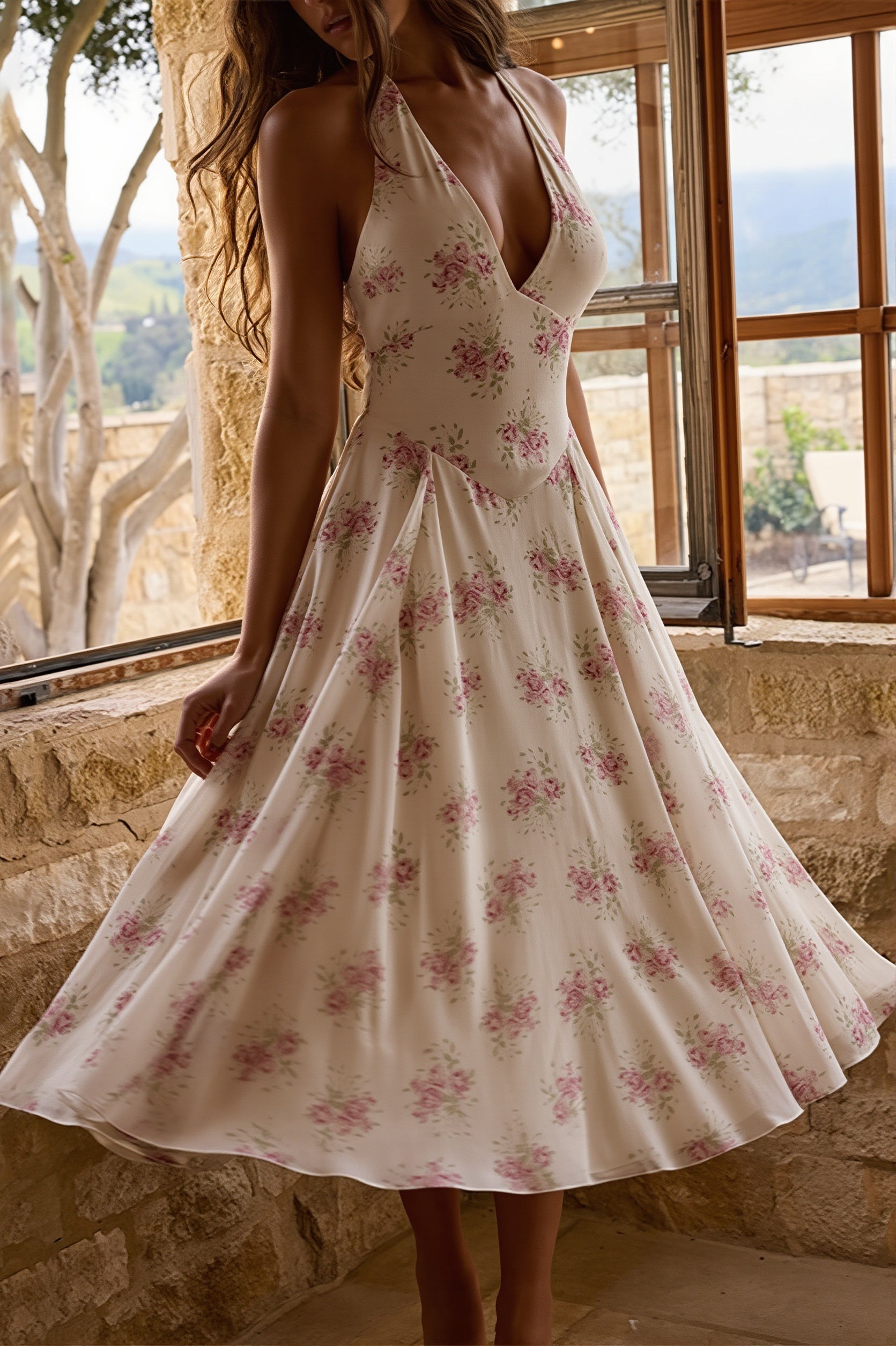 Print Halter Sheer-Mesh Backless Midi Dress