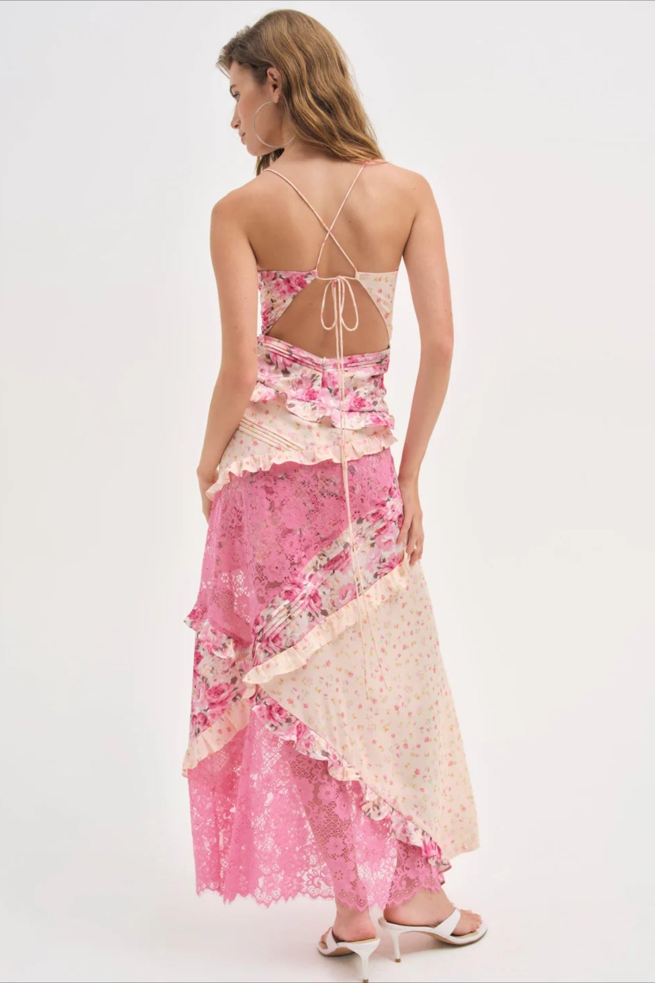 Floral Lace-Patchwork Ruffle Cami Maxi Dress