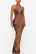 Lace-Pattern Halter Backless Maxi Dress
