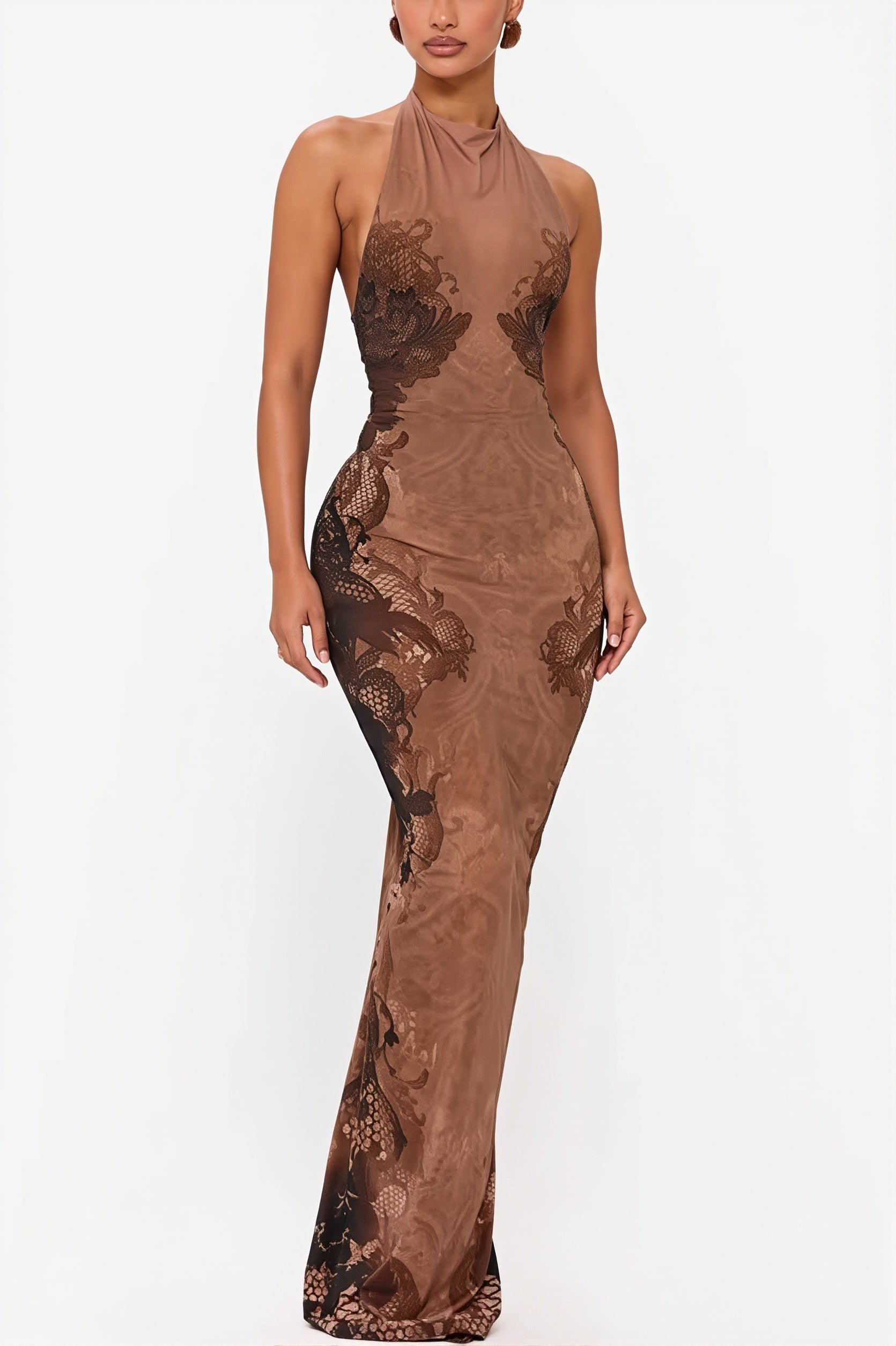 Lace-Pattern Halter Backless Maxi Dress