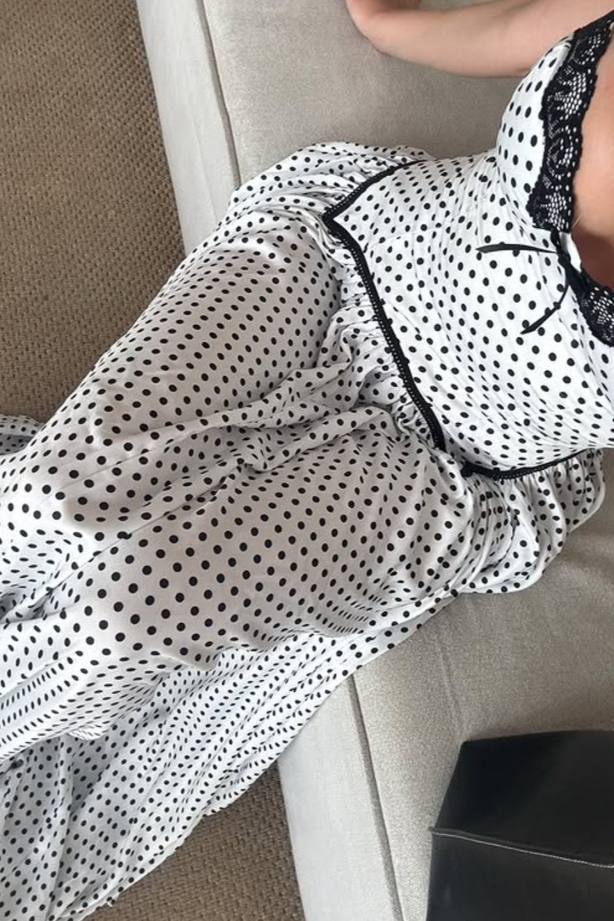 Polka Dot Bow Asymmetric Maxi Dress
