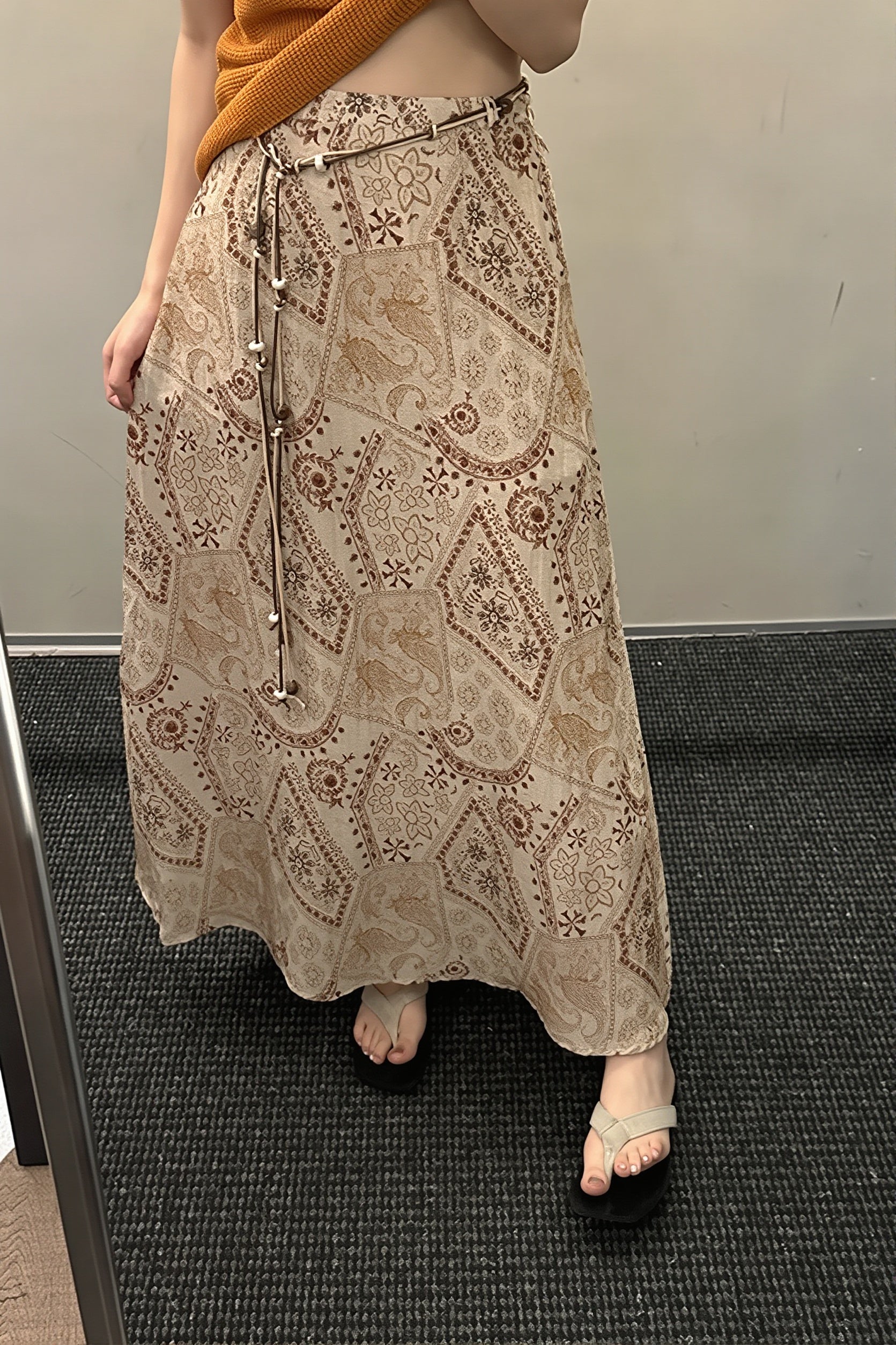 Print Beaded-Belt A-Line Maxi Skirt