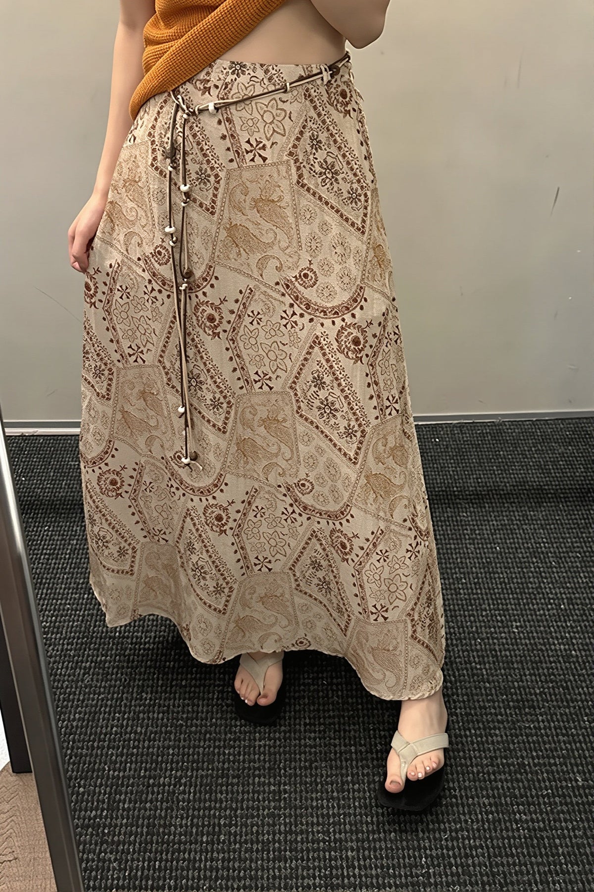 Print Beaded-Belt A-Line Maxi Skirt