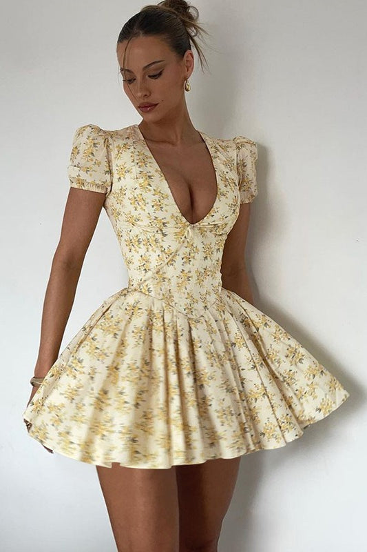 Floral V-Neck Ruched Mini Dress