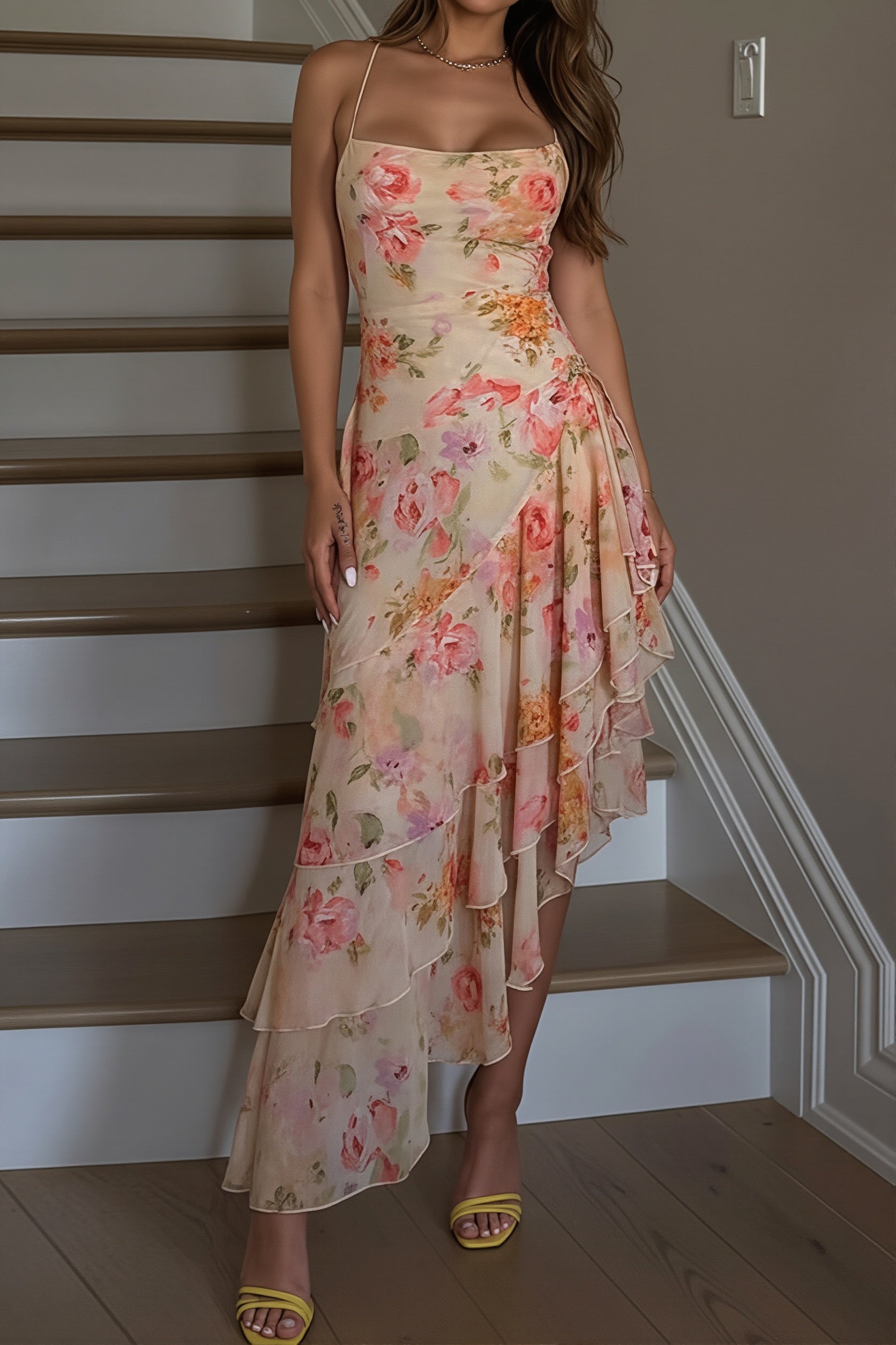 Floral Halter Irregular-Hem Maxi Dress
