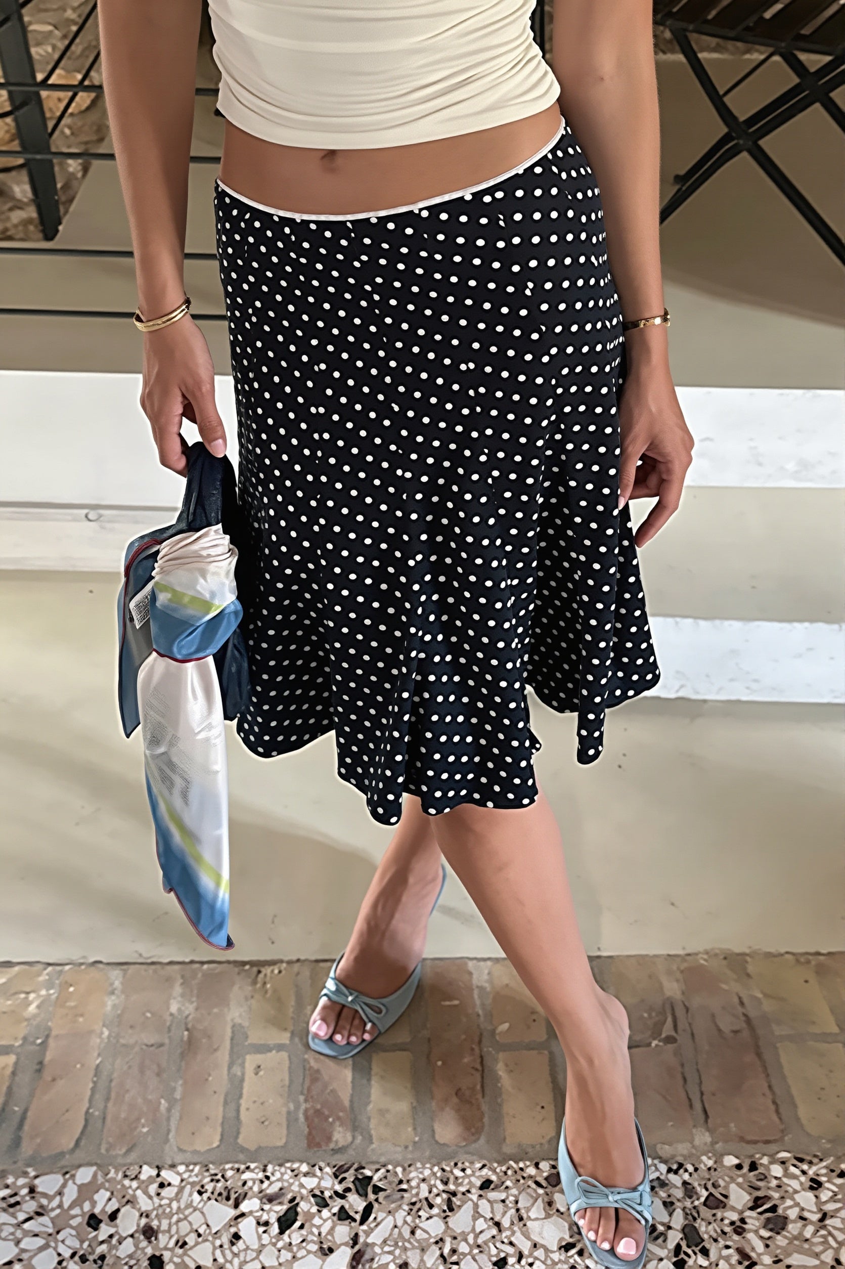 Polka Dot Ruffle-Trim Bodycon Midi Skirt