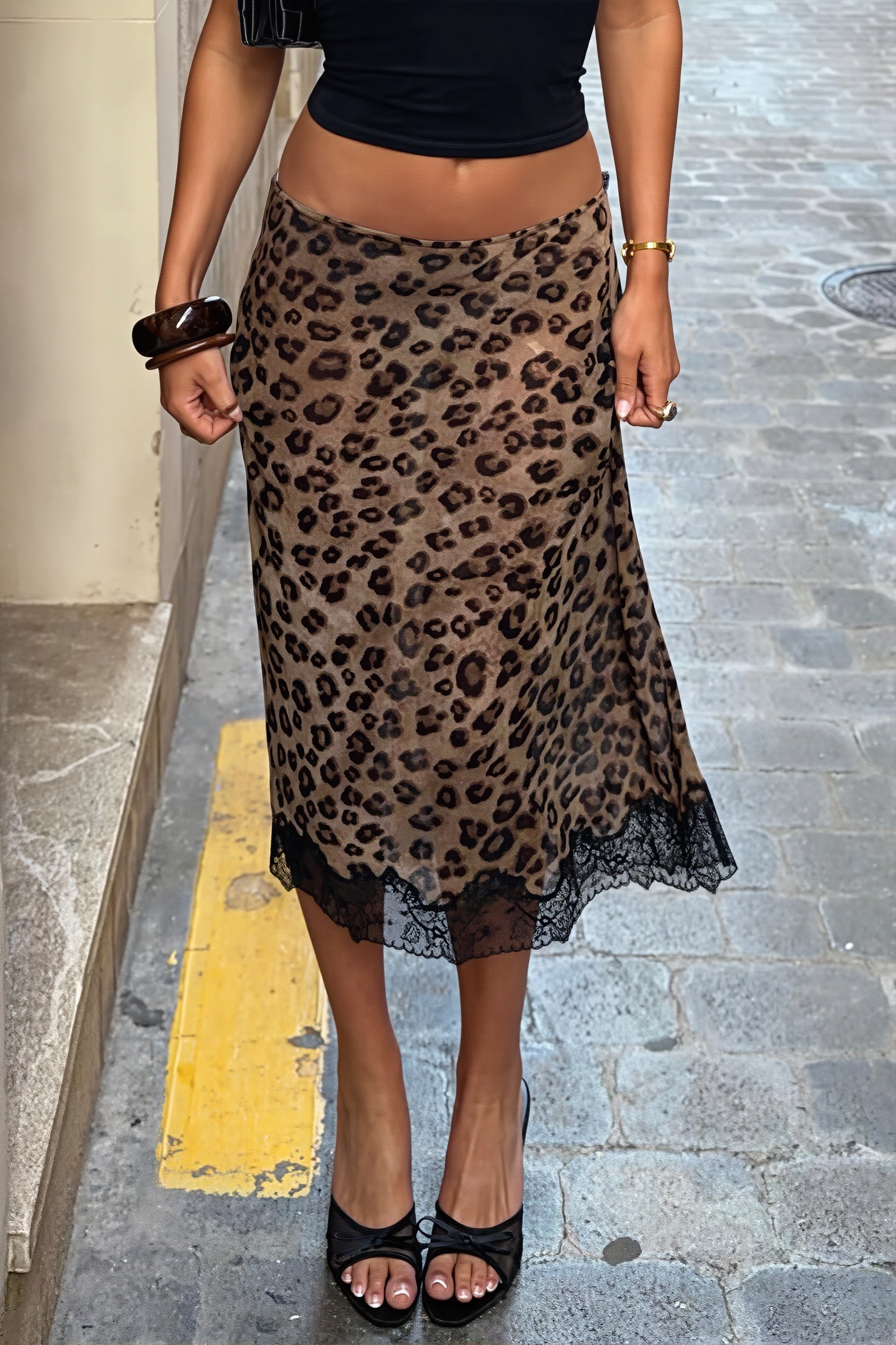 Leopard Lace-Mesh Low-Waist Skirt