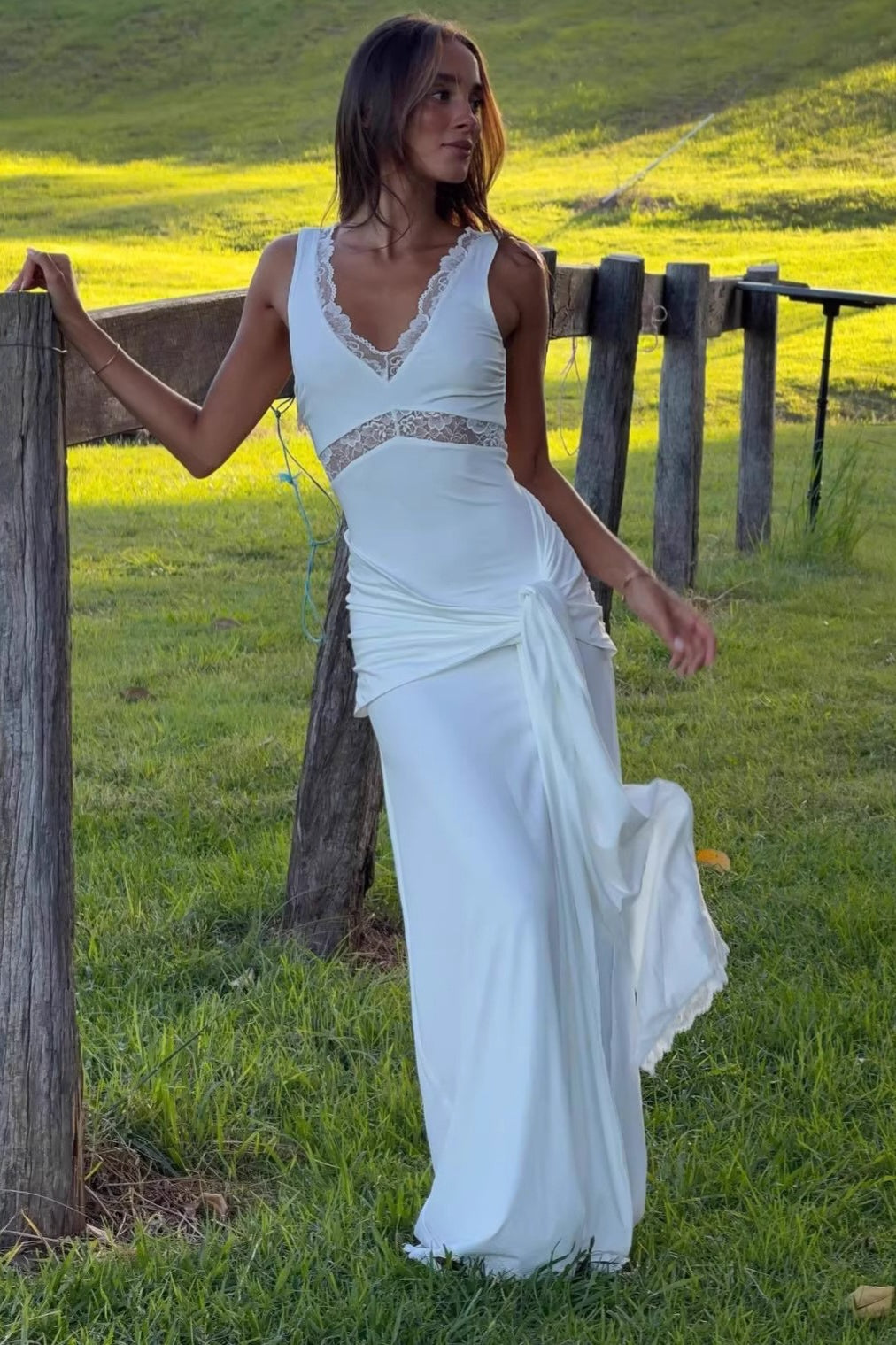 Lace-Panel Tie-Strap Bodycon Maxi Dress