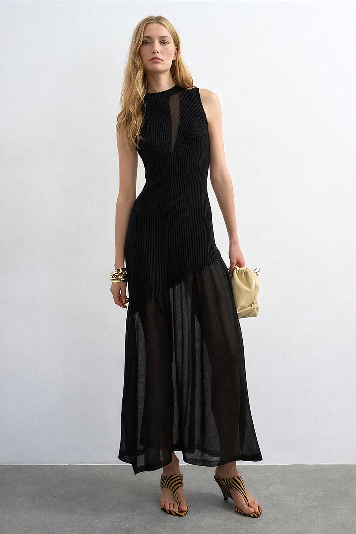Ribbed-Knit Mesh-Splice Maxi Dress