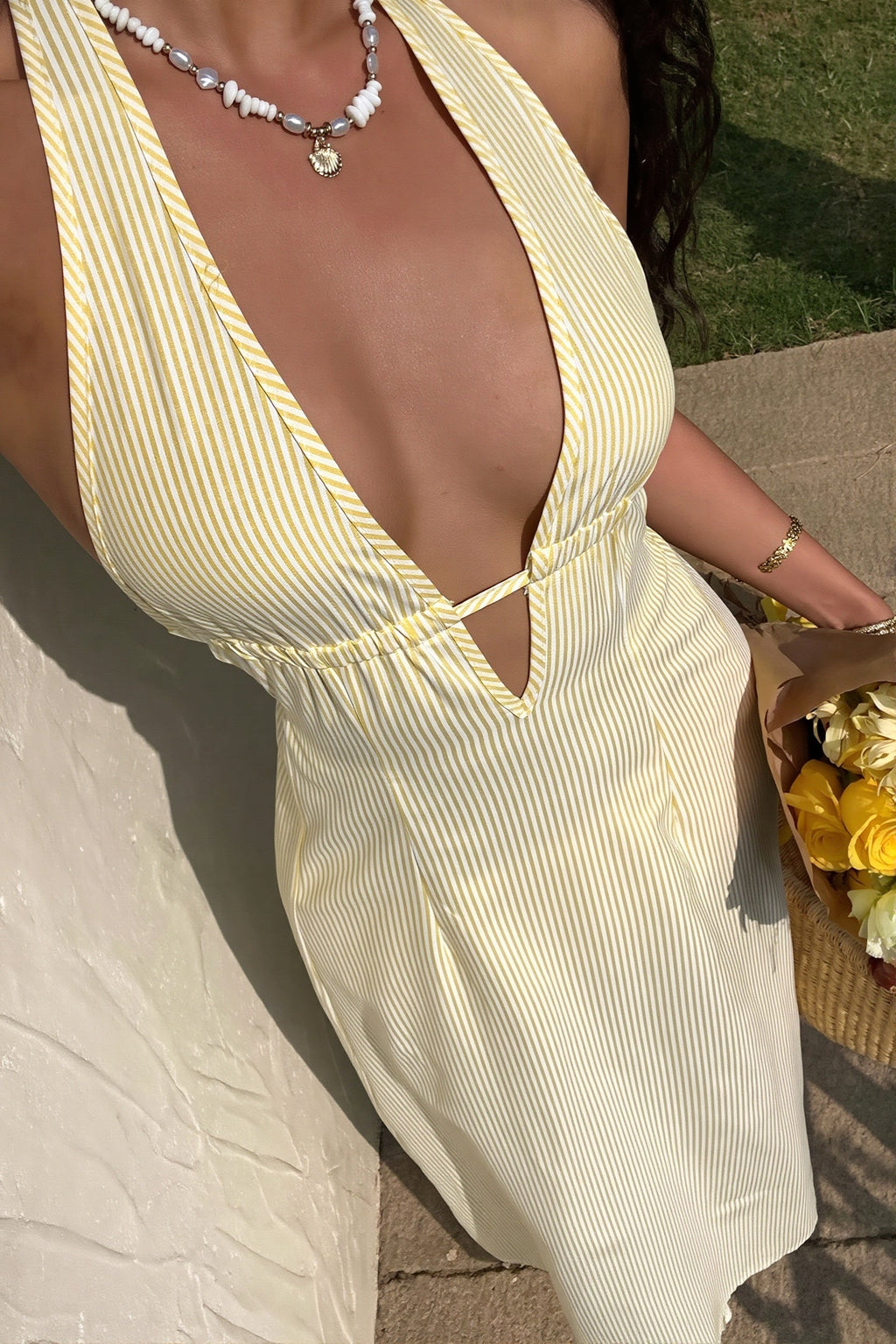 Stripe Halter Lace-Up Backless Maxi Dress