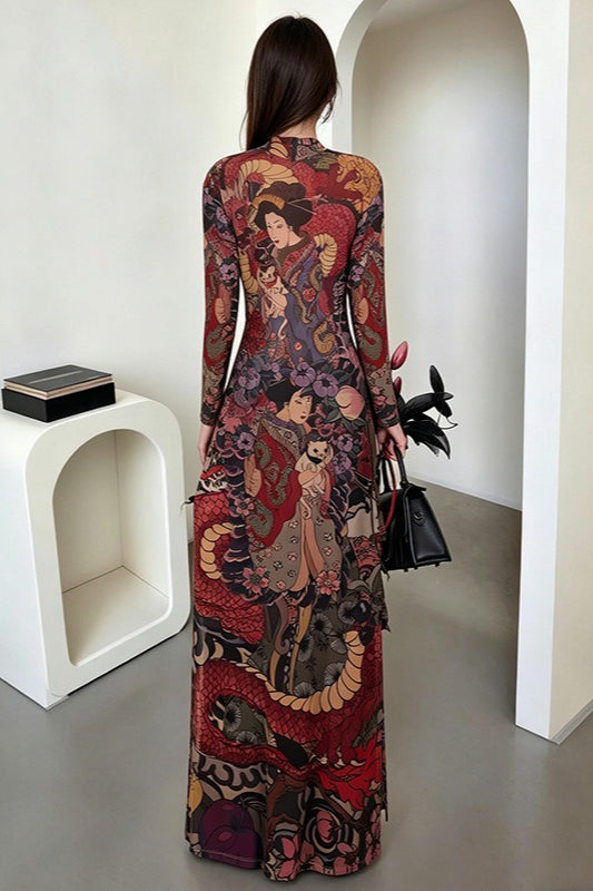 Round-Neck Print Waist-Tie Slit Maxi Dress