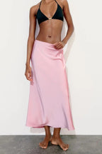 Satin High-Waist Straight Midi Skirt