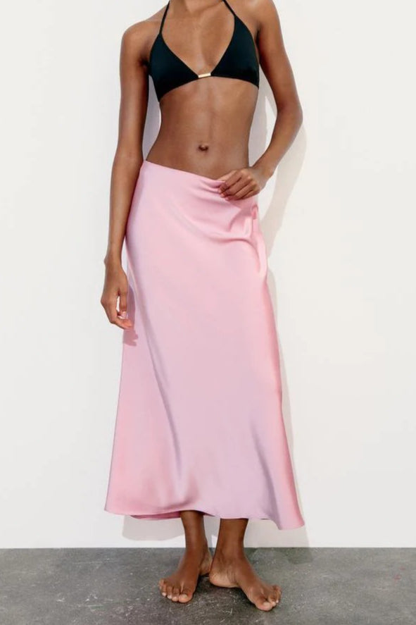 Satin High-Waist Straight Midi Skirt