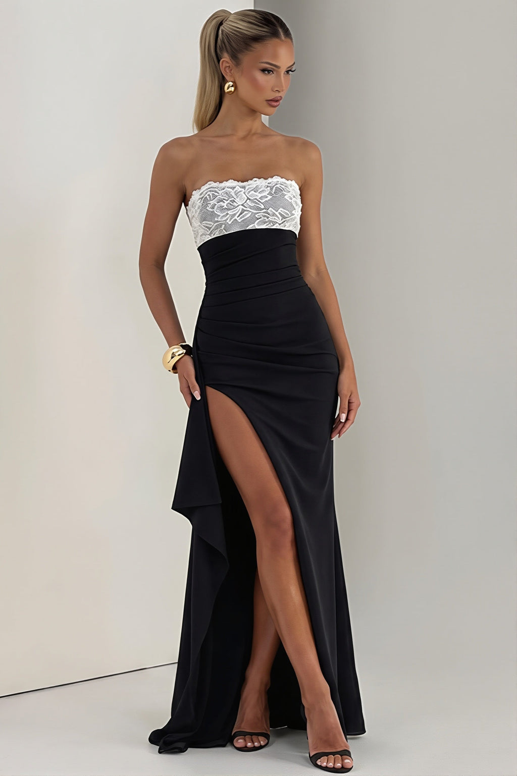 Lace-Trim Strapless Bodycon Slit Maxi Dress