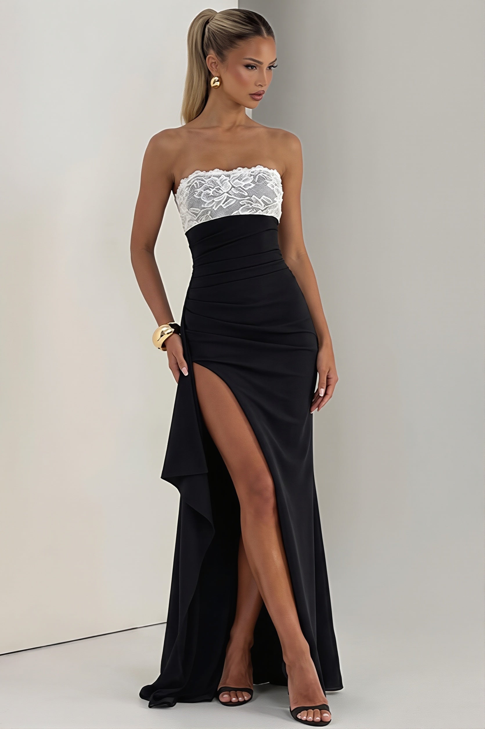 Lace-Trim Strapless Bodycon Slit Maxi Dress