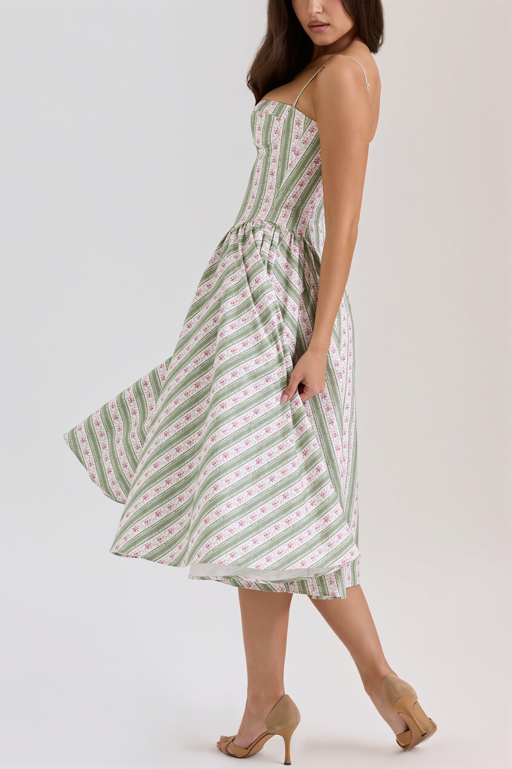 Floral-Striped Cami Midi Dress