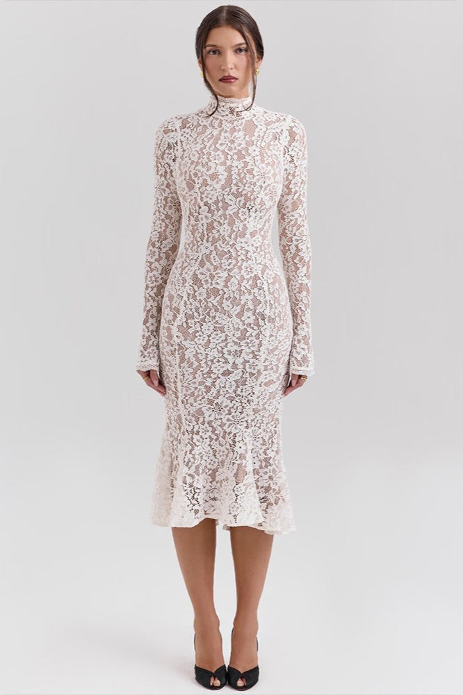 Lace Long-Sleeve Mermaid Midi Dress
