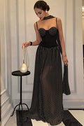 Strapless Dot-Print Ribbon Maxi Dress