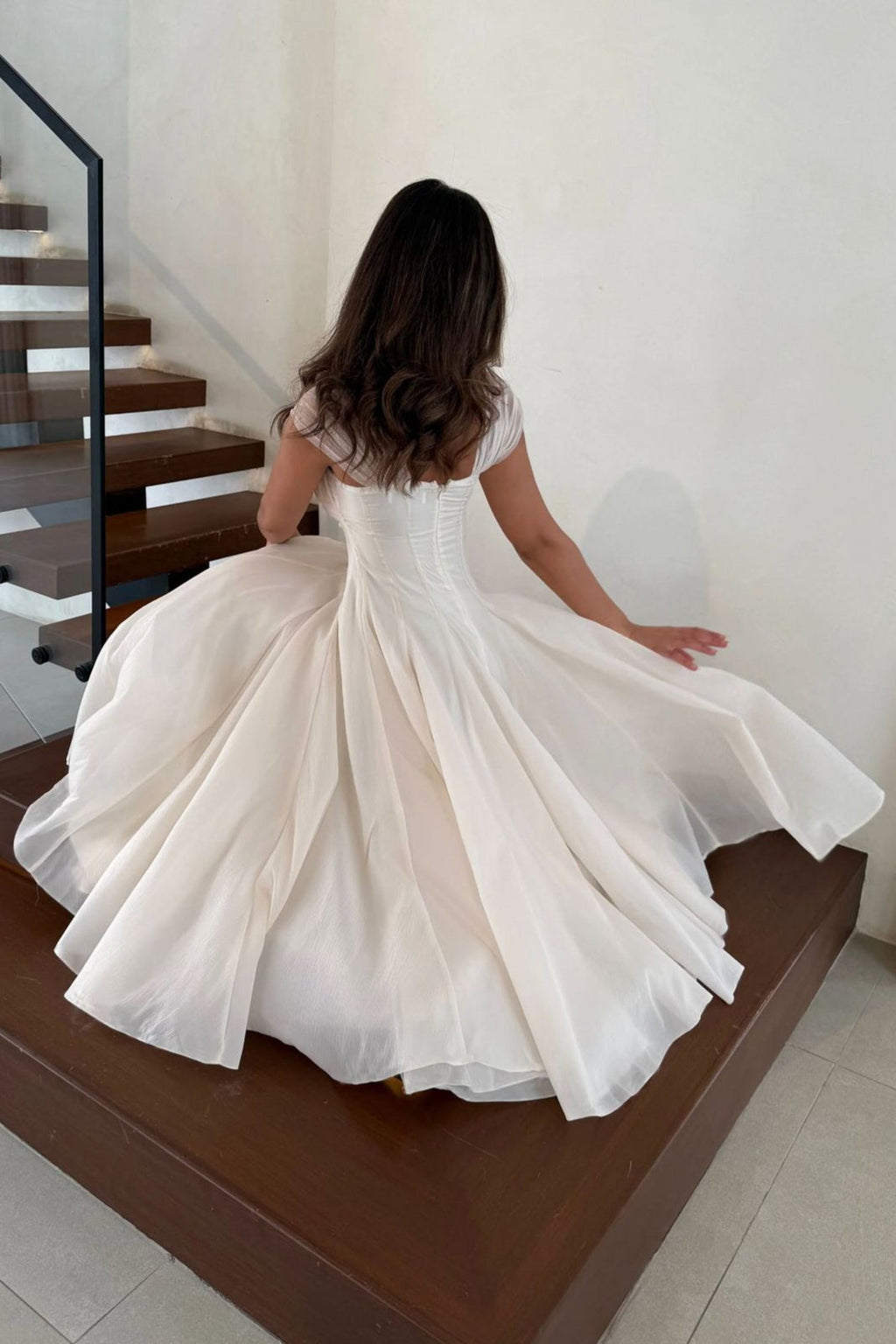 Mesh-Waist Flared Prom Dress