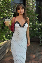 Polka Dot Lace V-Neck Bodycon Maxi Dress