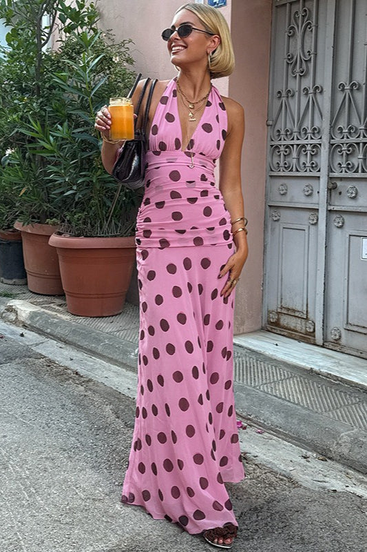 Polka Dot Halter V-Neck Maxi Dress