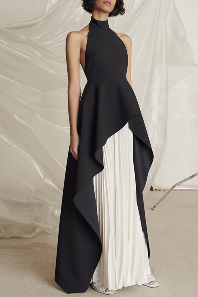 Black-White Pleated Halter Prom Dress