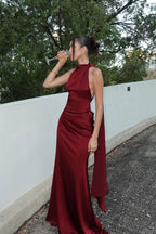 Satin Halter Solid Prom Dress