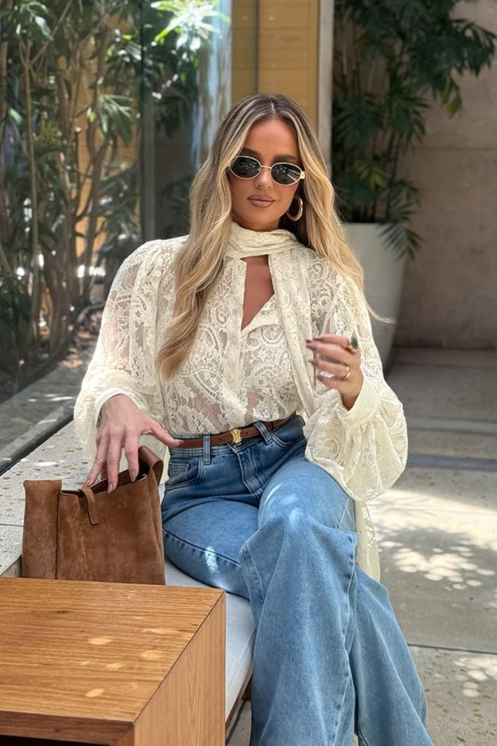 Sheer Lace Tie Long-Sleeve Blouse