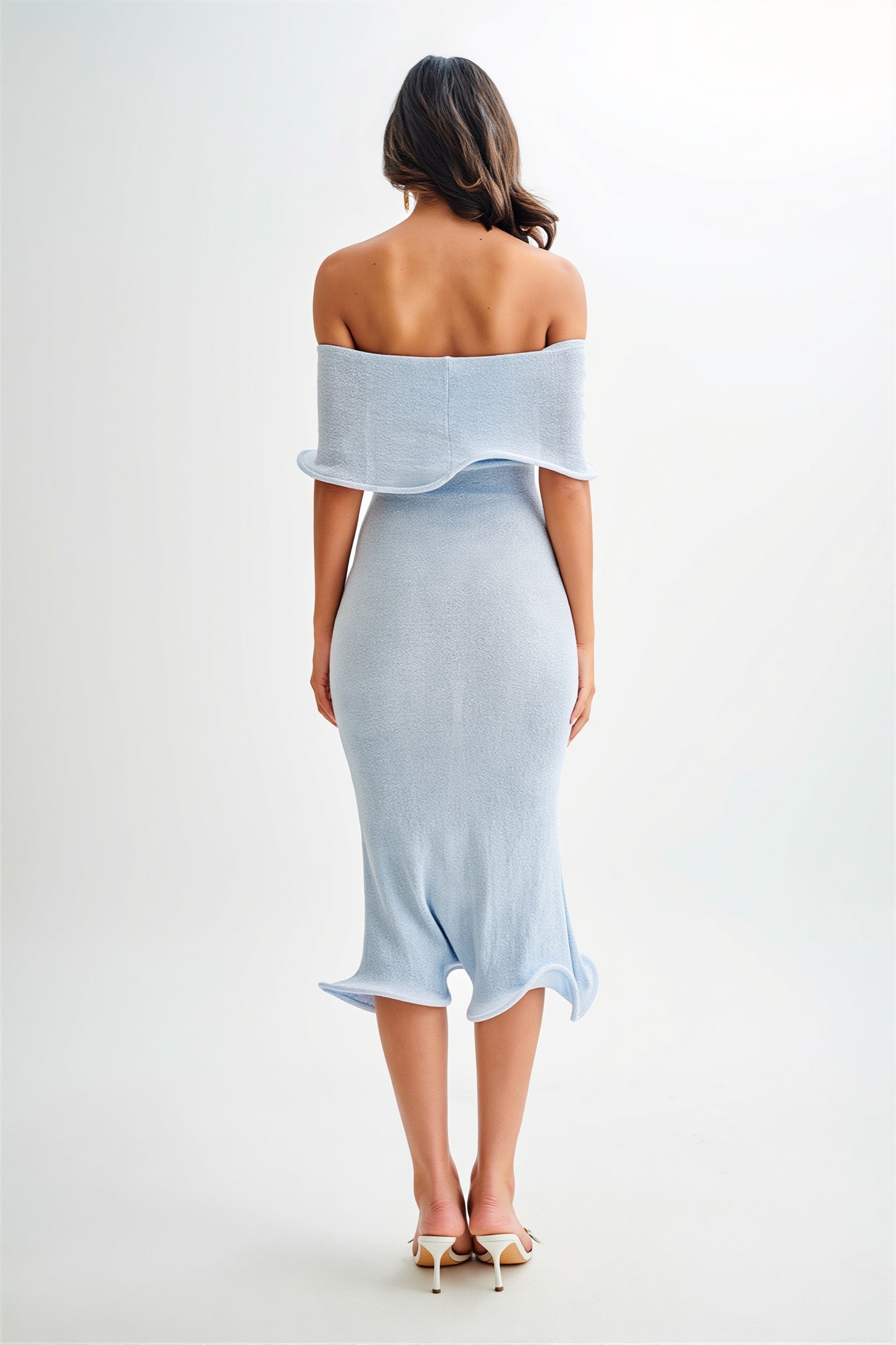 Off-Shoulder Ruffle Knit Midi Dress
