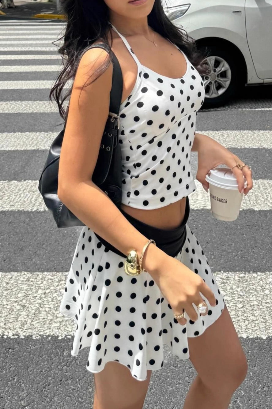 Polka Dot Halter Crop Skirt Set