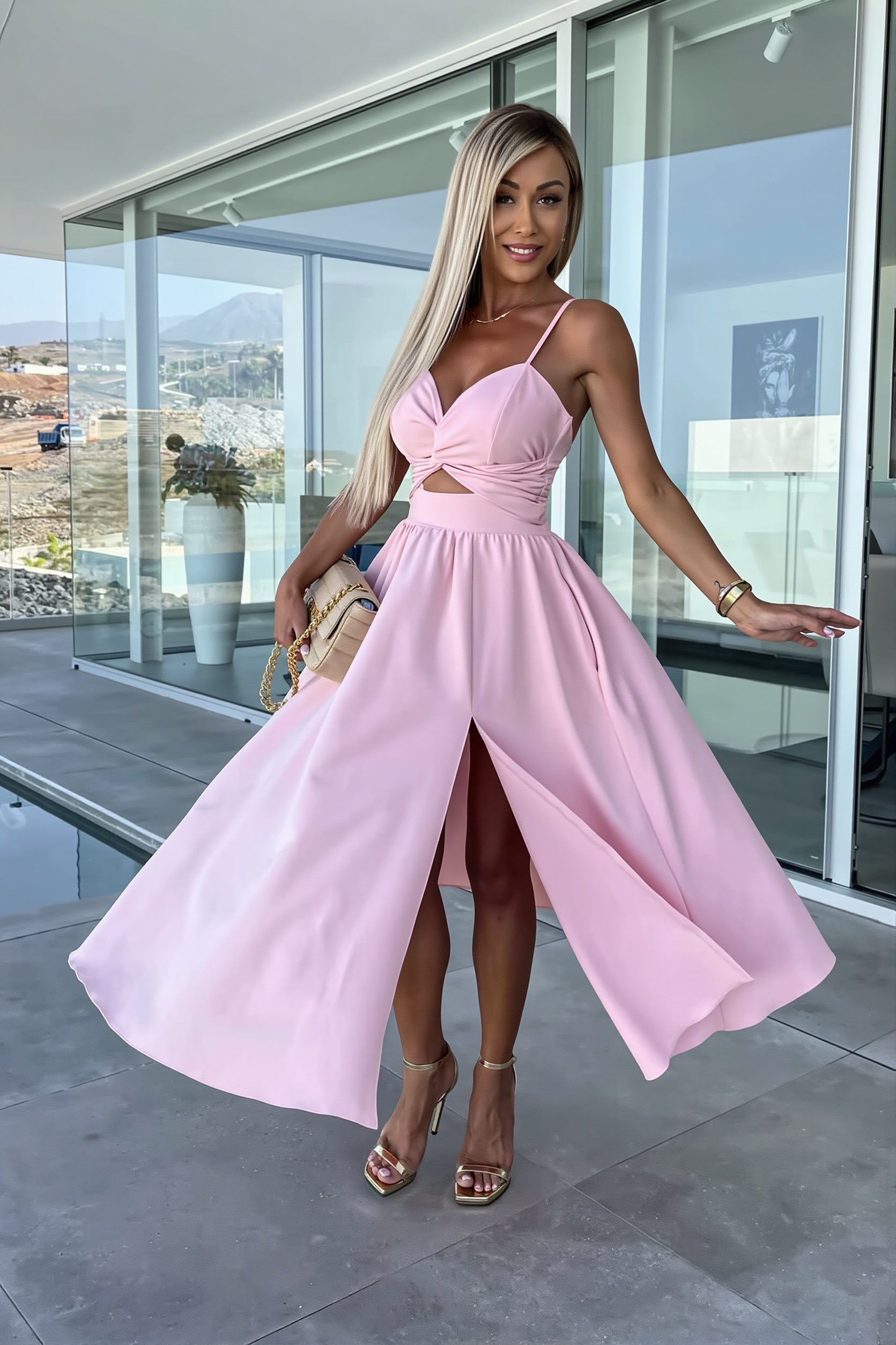 Deep-V Cutout Cami Swing Maxi Dress