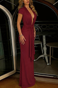 Deep-V Tie-Waist Slim Maxi Dress