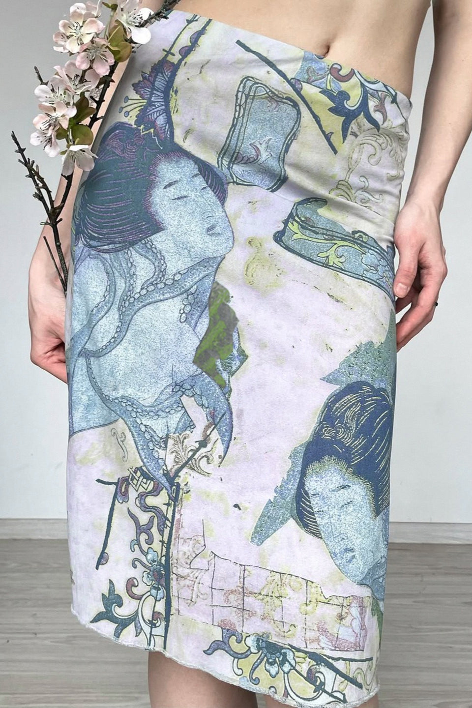 Abstract-Print Mesh Bodycon Skirt