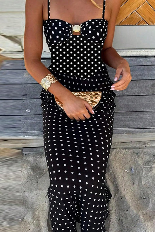 Polka Dot Lace Cami Backless Maxi Dress
