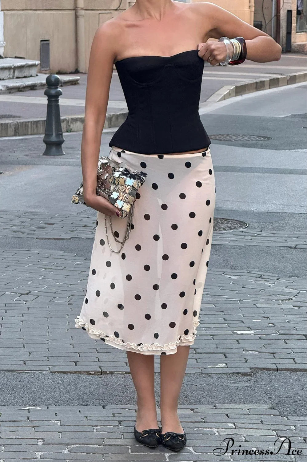 Polka Dot Satin High-Waist A-Line Skirt
