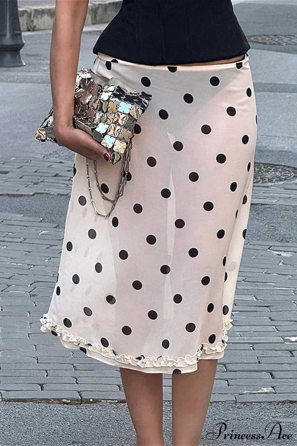 Polka Dot Satin High-Waist A-Line Skirt